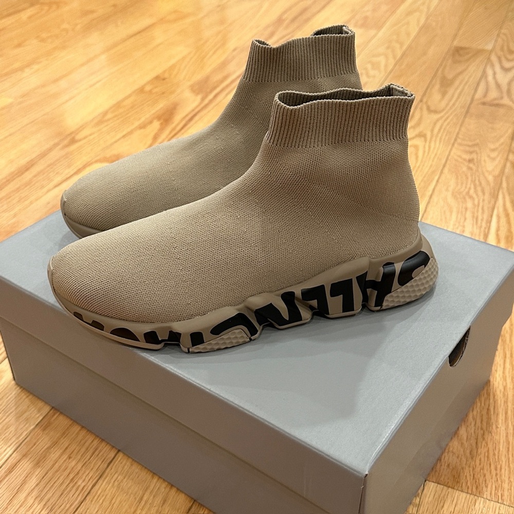 BALENCIAGA Speed Sock Logo-Print Stretch-Knit Slip-On Sneakers Size 41